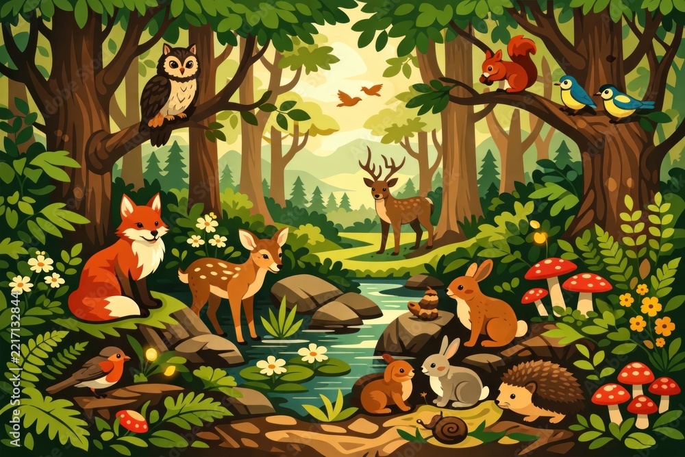 Fototapeta premium Vibrant woodland animals illustration