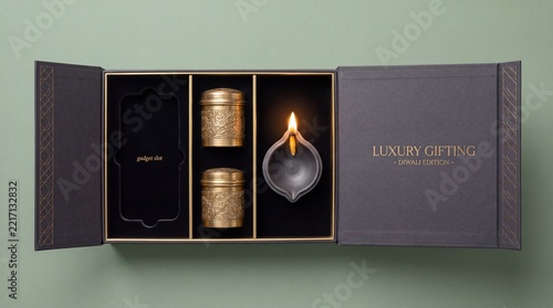 Luxury Diwali corporate gift box open with engraved brass containers, lit clay diya and gadget slot on sage green background