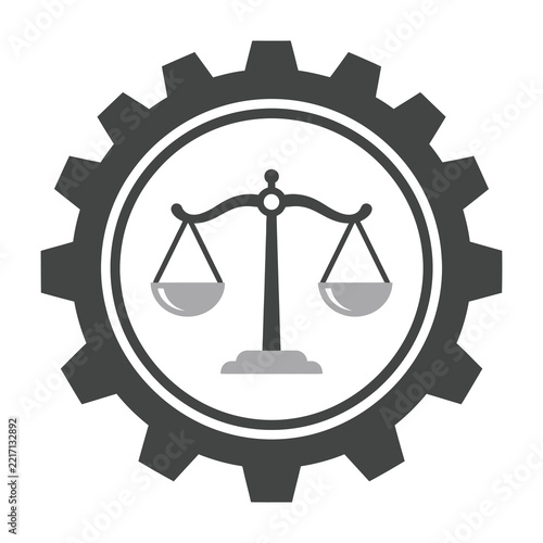 Balance scale icon in gear cog symbolizing justice and industry precision