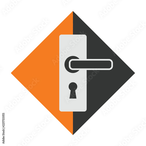 Door Handle Icon with Keyhole Symbol on Orange and Dark Grey Diamond Background
