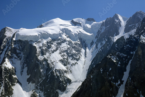Majestic Mont Blanc Peak Covered in Snow Under a Clear Blue Sky