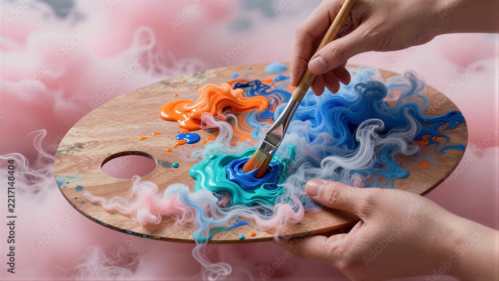 Naklejka premium Hands paint swirling colors on a palette with misty, dreamlike background.