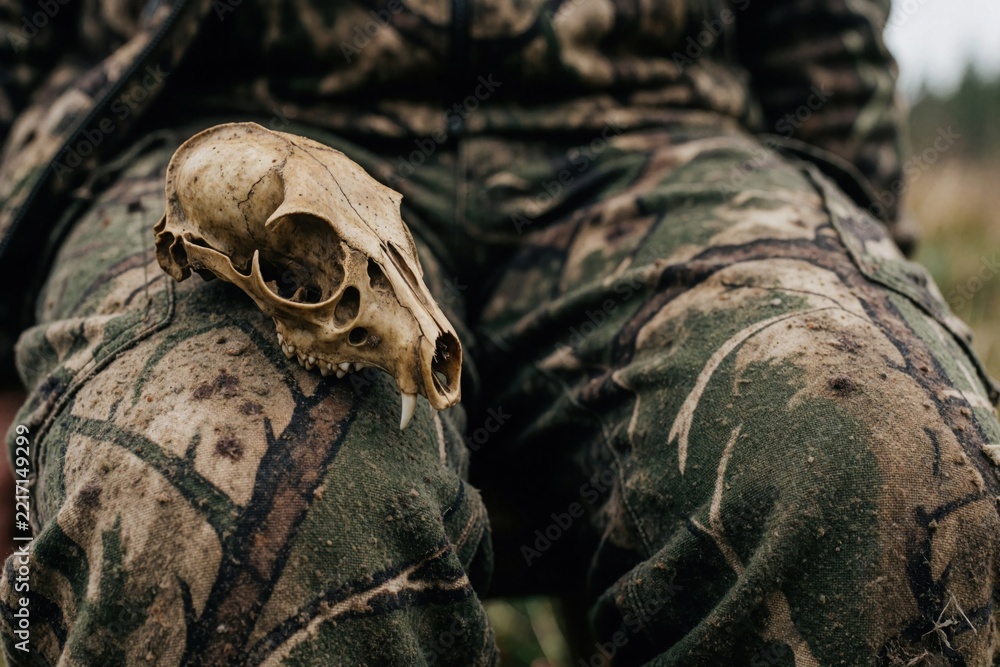Fototapeta premium Small animal skull rests on camo hunting pants. Wild mammal bone skeleton sits on hunter legs in forest. Close up of predator skull used for biology research wildlife study. Natural decay anatomy