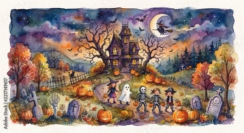Art watercolor painting of halloween concept environment decoration