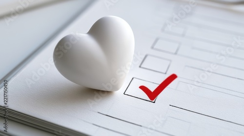 White heart-shaped object placed on paper checklist with a red checkmark symbolizing love, approval, or positive choice on a form or survey