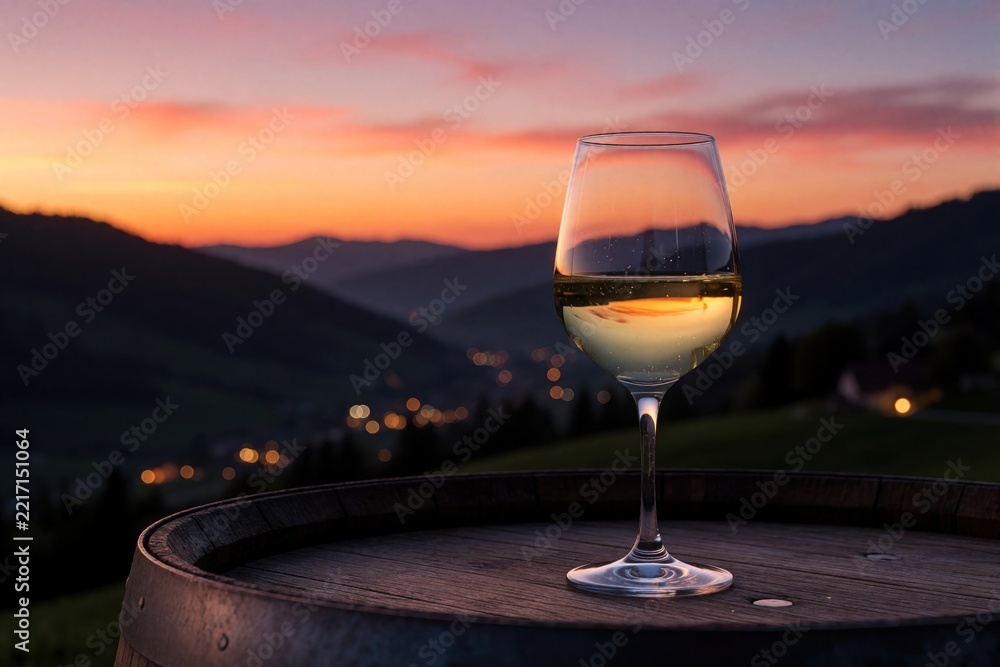 Naklejka premium Glass of white wine sits on wooden barrel during sunset. Scenic mountain landscape with village lights at dusk. Calm evening atmosphere in rural countryside. Relaxing vacation mood with beautiful