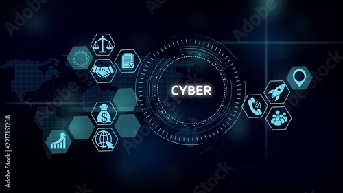 Cyber security and digital network technology concept with hud interface and global data icons