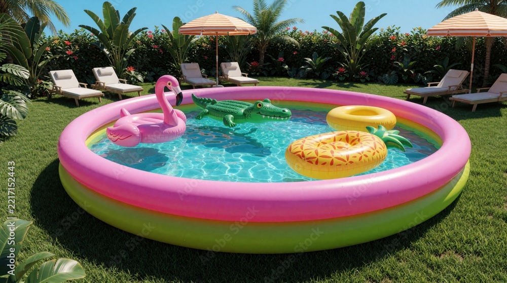 Fototapeta premium Bright pink, green inflatable pool filled with water in sunny backyard garden. Colorful tropical floats like flamingo, crocodile, duck, rings swim in pool. Sun loungers, parasols near rich palm trees