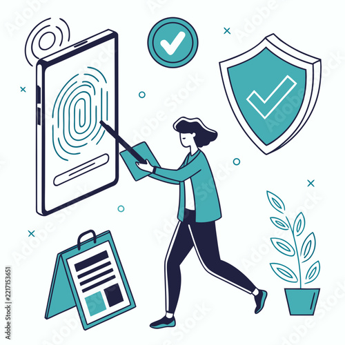 Woman using biometric fingerprint security on a smartphone to verify identity