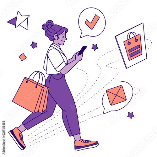Woman shopping online with smartphone while carrying shopping bags