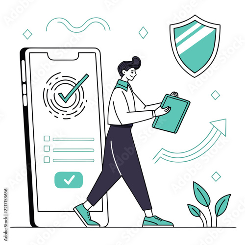 Person holding a tablet checking a smartphone with verified biometric