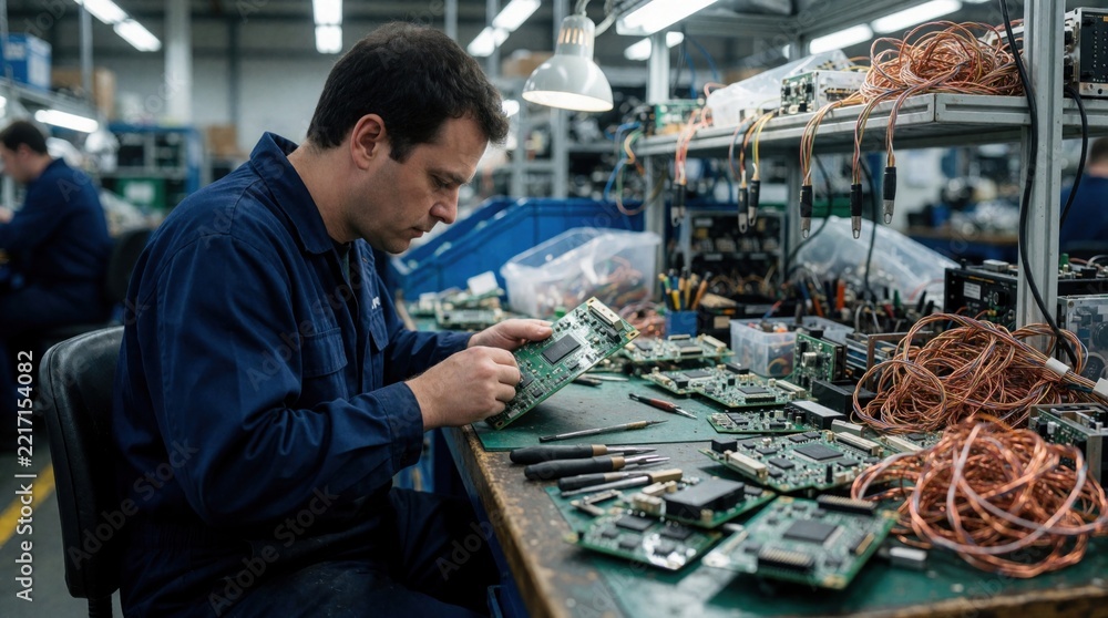 Fototapeta premium Male technician examines circuit board at electronics recycling facility. Worker inspects hardware components on workbench with tools. Professional repairs computer parts, scrap tech waste in