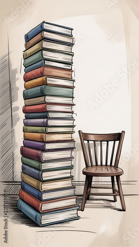 Tall Stack Hardcover Books Pile Beside Wooden Chair Library Reading Literature