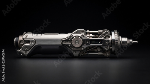 A metallic mechanical precision tool with intricate gears and dials against a dark background environment with high precision technical mechanical instrument complex metallic