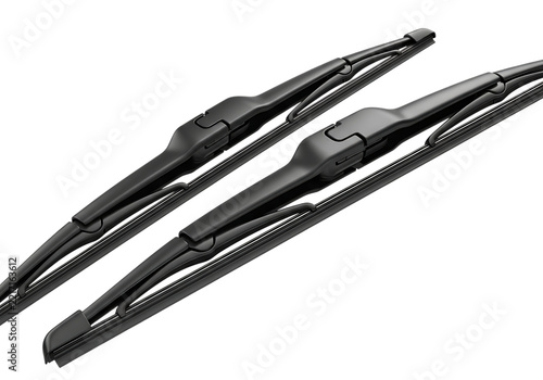 Two black automotive windshield wiper blades angled diagonally against a dark background, for vehicle maintenance parts isolated on a transparent background