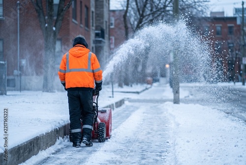 Municipal Worker in an Orange Hi-Vis Jacket Using a Snowblower on a Snowy City Sidewalk.