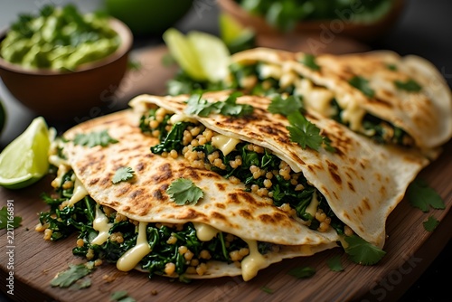 quinoa and kale veggie quesadillas on a wooden board