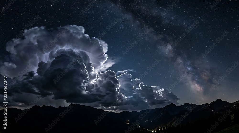 Fototapeta premium Bright lightning storm in the dark night sky over mountain silhouette