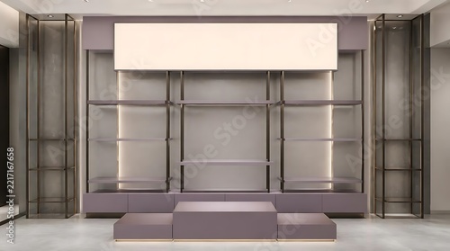 Modern luxury retail store interior with empty display shelves and purple mauve walls. Elegant boutique showroom with minimalist pedestals and glowing light panel for product presentation.