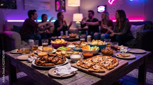 Friends gathering for a game day party with a rustic table full of delicious finger food snacks