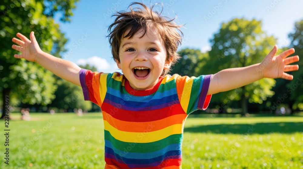 Fototapeta premium Happy young boy in rainbow striped t-shirt runs through green park. Excited child with outstretched arms laughs joyfully under sunny blue sky. Small kid enjoys summer vacation, freedom, outdoor play