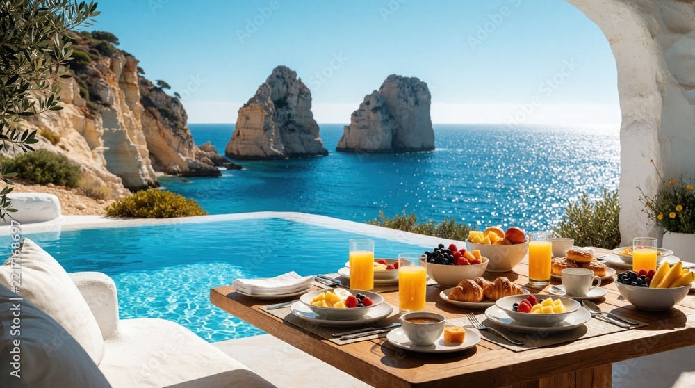 Fototapeta premium Luxury breakfast meal served on wooden table overlooking blue Mediterranean sea. Fresh fruit, juice, croissants, coffee on terrace with infinity pool. Sunny morning view of rocky cliffs, ocean coast