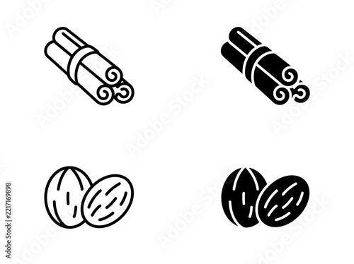 Cinnamon sticks and whole nutmeg seeds icon set with cinnamon