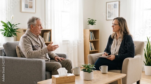 A senior man shares his thoughts with a professional therapist during a private counseling session