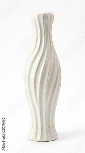Tall slender white ceramic vase with fluted wavy texture on white background