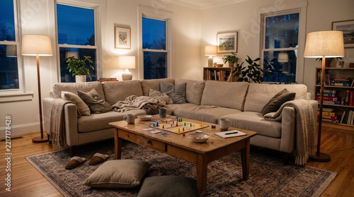 Cozy living room interior with a board game set up on a wooden coffee table in the evening light