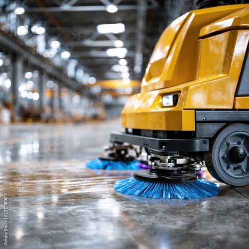 Industrial cleaning machine with rotating brushes maintaining pristine polished floors inside a large modern warehouse facility