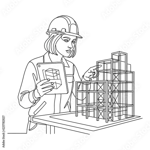 Continuous Line Art Illustration of a Female Engineer Wearing a Hard Hat Using a Tablet to Analyze a 3D Building Structure Model