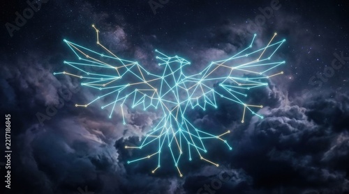 Glowing blue geometric phoenix constellation in dark night sky.