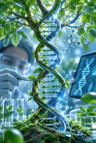 Conceptual tree of life, blending natural and synthetic DNA strands, symbolizing the fusion of biology, bioengineering, and genetic evolution.