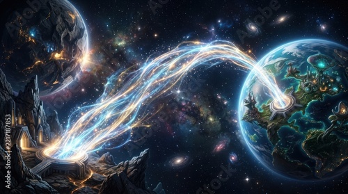 Glowing energy beam connecting two distant planets in space.
