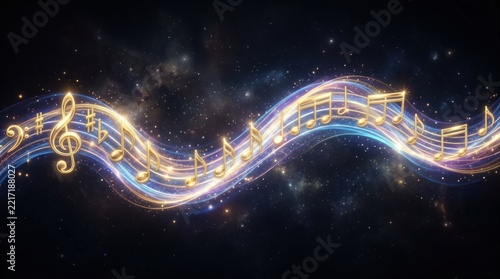 Glowing golden musical notes flowing on digital energy wave.