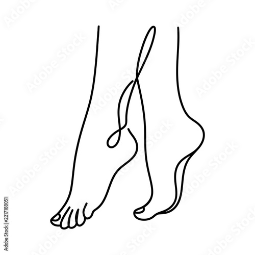 Minimalist continuous line drawing of female feet standing on tiptoes.