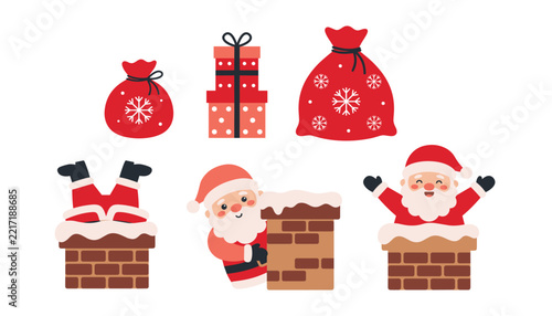 Fotografie Cute cartoon Santa Claus in chimney set with Christmas gift boxes and red presen