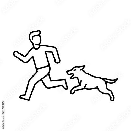 Simple line art icon of a man running away from a chasing dog.