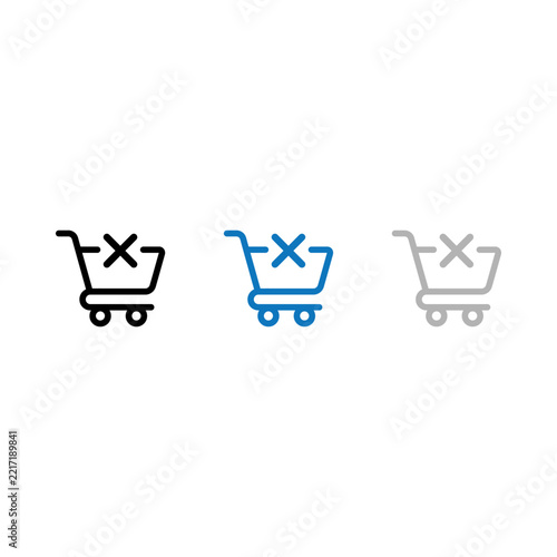 Set of three shopping cart icons with cross mark for e-commerce.
