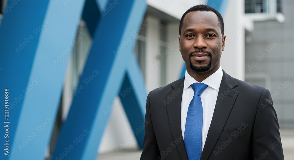 Fototapeta premium A professional portrait of a confident Black businessman in his late 30s, short dark hair, neatly trimmed beard and mustache, gentle smile, looking directly at the camera