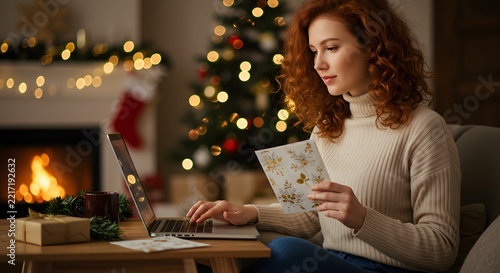 A young woman with curly red hair sits on a couch, looking at a laptop and holding a postcard. She wears a cream-colored turtleneck sweater. In the background, a fireplace is lit with a warm glow