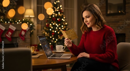 A woman in a red sweater is sitting at a wooden table in front of a laptop, holding a credit card in her right hand. She is looking at the laptop screen with a slight smile