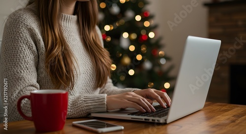 A woman wearing a cozy, cream-colored knitted sweater is working on a silver laptop. Her hands are poised over the keyboard, and her long, brown hair falls over her shoulder