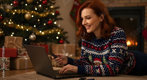 A smiling young woman with reddish-brown hair, wearing a cozy, colorful Christmas sweater, lies on the floor in front of a laptop. She is holding a credit card in her right hand