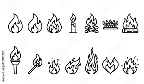 Fire and Flame Outline Icons Editable Stroke Vector Collection