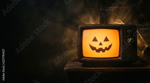 Vintage Television Displaying Halloween Jack-O'-Lantern