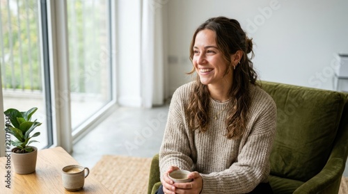 Woman relaxing indoors enjoying coffee