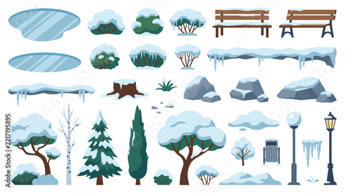 Winter park elements collection with snow covered trees benches and ice vector graphics.