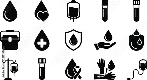 Blood drive transfusion and organ donor icons set for hematology cooler, blood bag, leukemia ribbon and donor hands